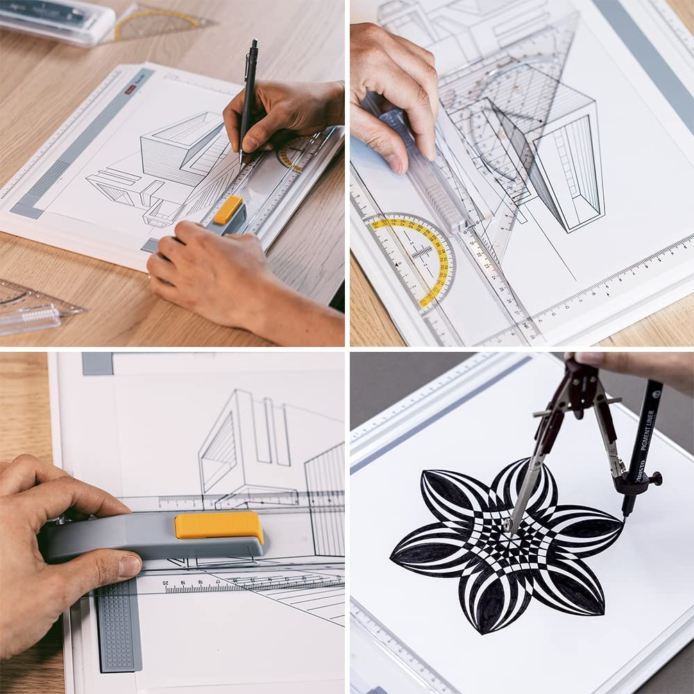 Planseta proiectare A4 pentru desen tehnic, arhitectura, cu sina de prindere accesorii, din plastic rezistent la impact, alba