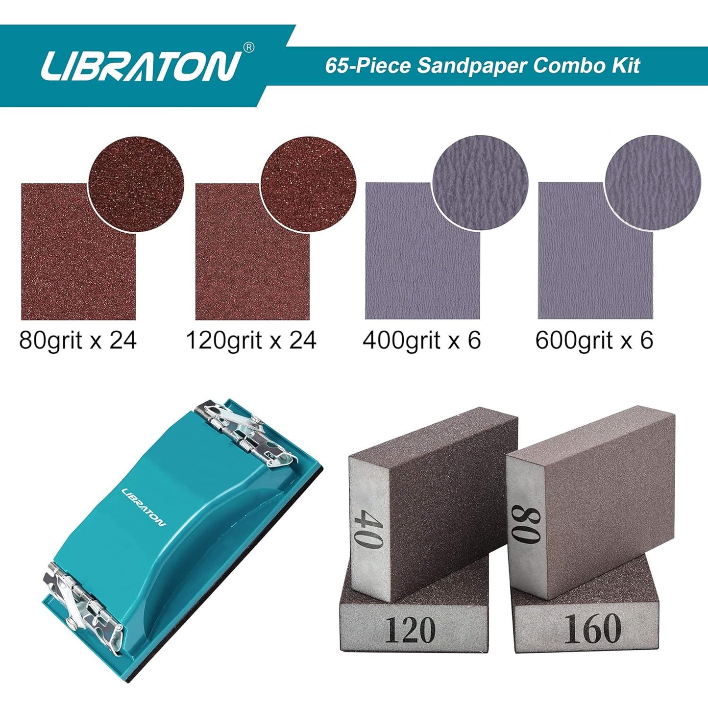 Set smirghel 65 Bucati, K80-K120-K400-K600, pre-taiat 23x9 cm, 4 bureti de slefuit, hartie abrasiva premium din carbura de siliciu pentru lemn si metal, slefuitor manual, pentru slefuire mobilier, vopsire, finisare si proiecte DIY – Uscat si umed
