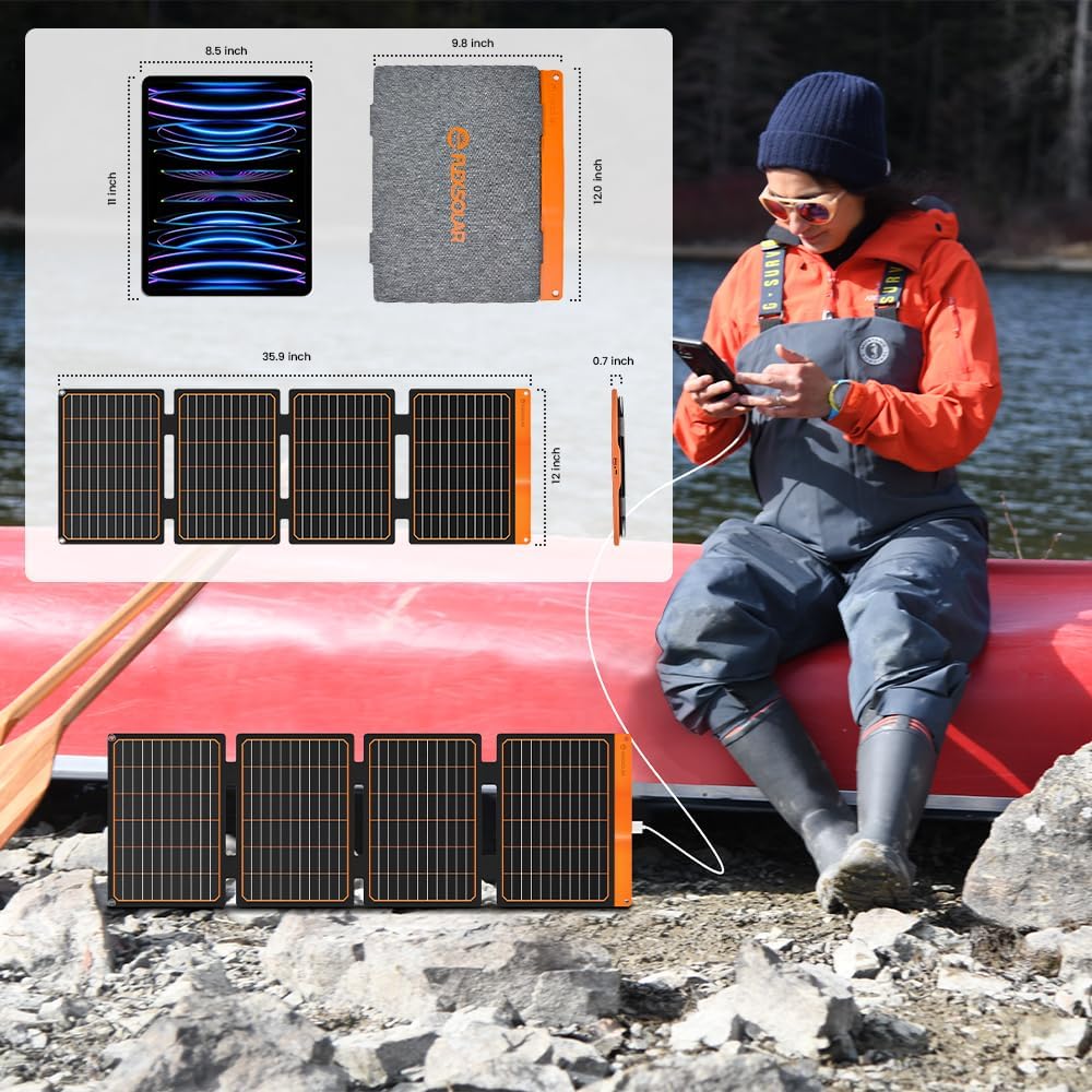 Panou solar portabil 40W cu USB-A si USB-C PD2.0, pliabil, ETFE monocristalin, IP67, incarcator solar pentru telefoane si gadgeturi, ideal pentru camping si drumetii