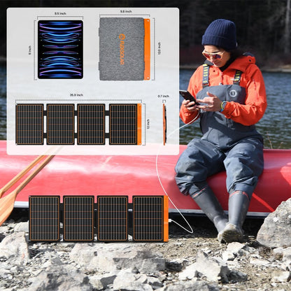 Panou solar portabil 40W cu USB-A si USB-C PD2.0, pliabil, ETFE monocristalin, IP67, incarcator solar pentru telefoane si gadgeturi, ideal pentru camping si drumetii
