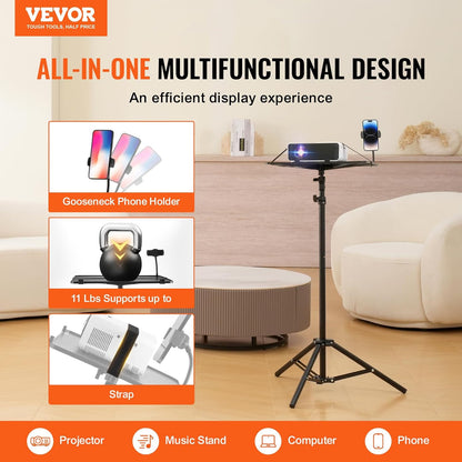 Suport pentru videoproiector sau laptop cu trepied, inaltime reglabila 68 - 160 cm, suport telefon gooseneck, unghi reglabil 180°, portabil, design pliabil, capacitate 5 kg, pentru proiector, tableta, mixer, laptop, partitura, negru