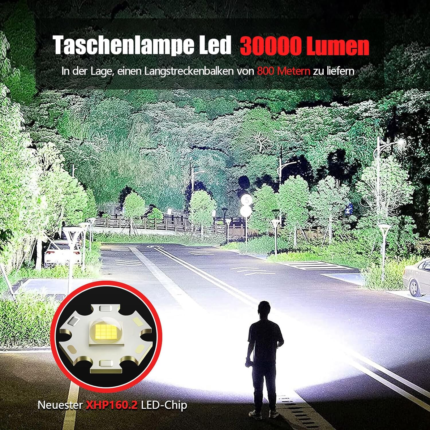 Lanterna tactica LED, din aluminiu, 30000 lumeni, profesionala, focus ajustabil, acumulator inclus, 5 moduri iluminare, rezistenta la apa, incarcare USB, sursa XHP160.2