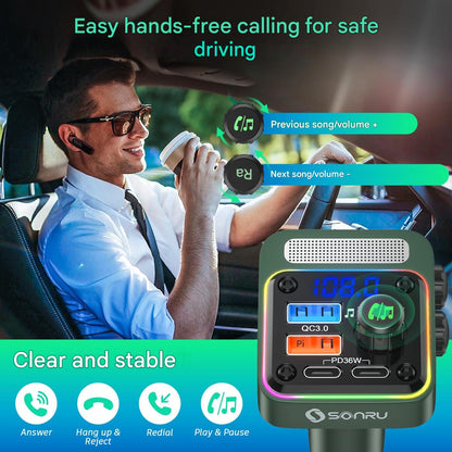 Modulator FM Bluetooth 5.3 SONRU pentru masina, incarcare rapida PD 36W si QC 3.0 18W, hands-free, HiFi Bass, redare USB/U-Disk, lumini LED 7 culori, apeluri wireless, compatibil iPhone, Samsung, Xiaomi, USB-C si USB-A