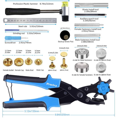 Set cleste preducea de perforat curele, rotativ cu accesorii de gaurit si capsat piele cu 240 capace nit, rigla, ciocan si pila pentru marochinarie