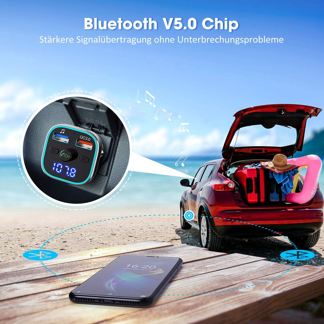 Modulator FM Bluetooth 5.0 , Transmitator FM , Quick Charge 3.0 ,LED , MP3 player, Aux In, FM kit, USB 2.4A, QC3.0 , micro SD, Stick USB