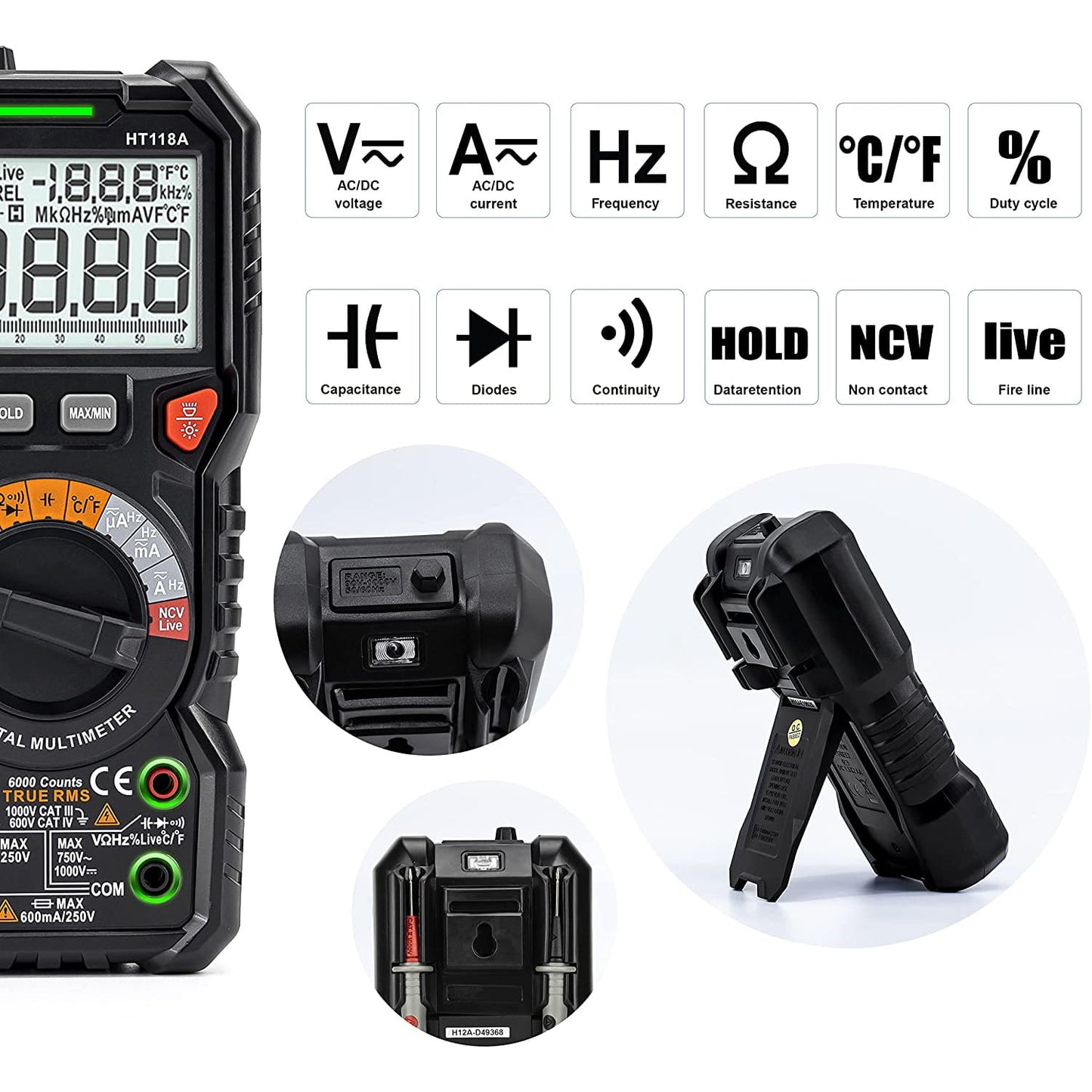 Multimetru digital CAT III 1000V CAT IV 600V True RMS, lumina LED, gama automata 6000 Counts, AC/DC, temperatura, capacitate, frecventa, rezistivitate, continuitate, NCV, Kaiweets HT118A