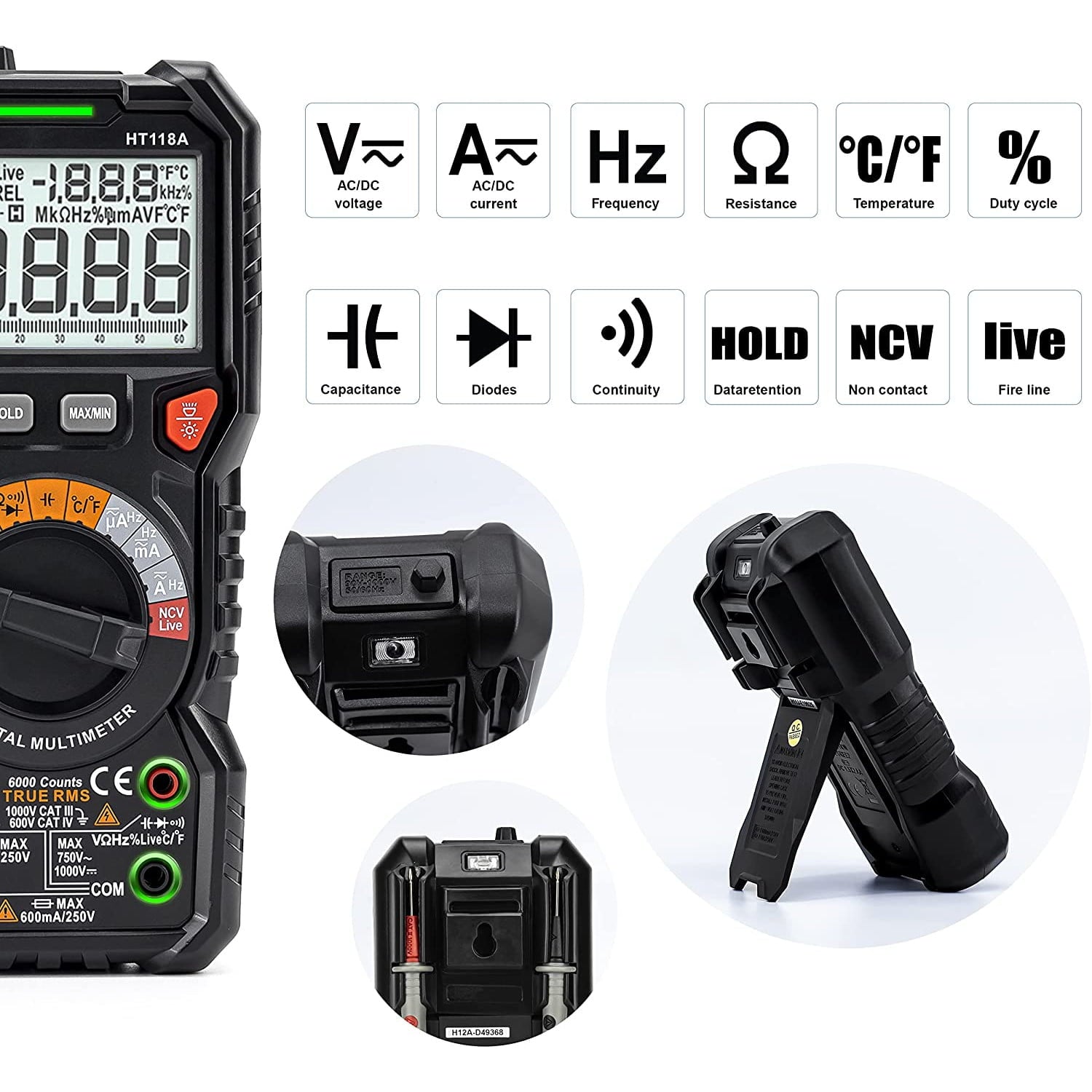 Multimetru digital CAT III 1000V CAT IV 600V True RMS, lumina LED, gama automata 6000 Counts, AC/DC, temperatura, capacitate, frecventa, rezistivitate, continuitate, NCV, Kaiweets HT118A