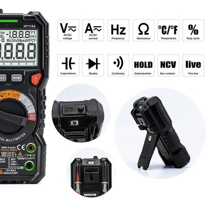 Multimetru digital CAT III 1000V CAT IV 600V True RMS, lumina LED, gama automata 6000 Counts, AC/DC, temperatura, capacitate, frecventa, rezistivitate, continuitate, NCV, Kaiweets HT118A