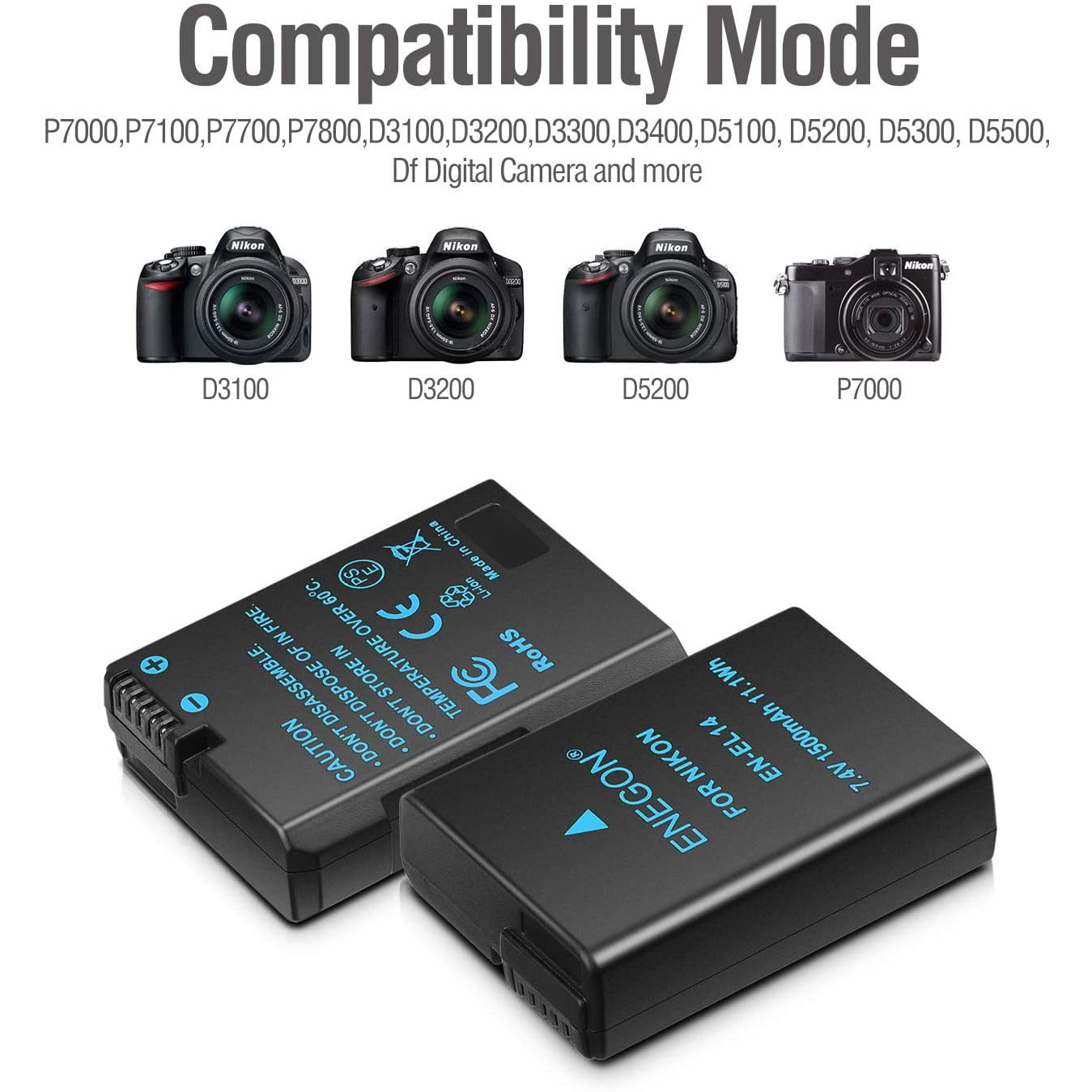 Set de 2 acumulatori EN-EL14 1500 mAh si incarcator dublu cu afisaj LED, pentru Nikon Coolpix P7000, P7100, P7700, P7800, P8000 DSLR D3100, D3200, D3300, D3400000000, D5500