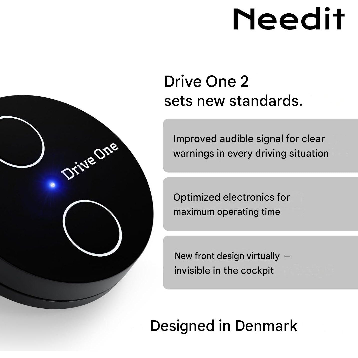 Alarma trafic Needit Drive One 2 Model 2026, avertizare camere radar fixe si mobile, avertismente sonore si LED, baza date BlitzerApp Europa, instalare automata Plug & Play, design discret pentru bord, negru