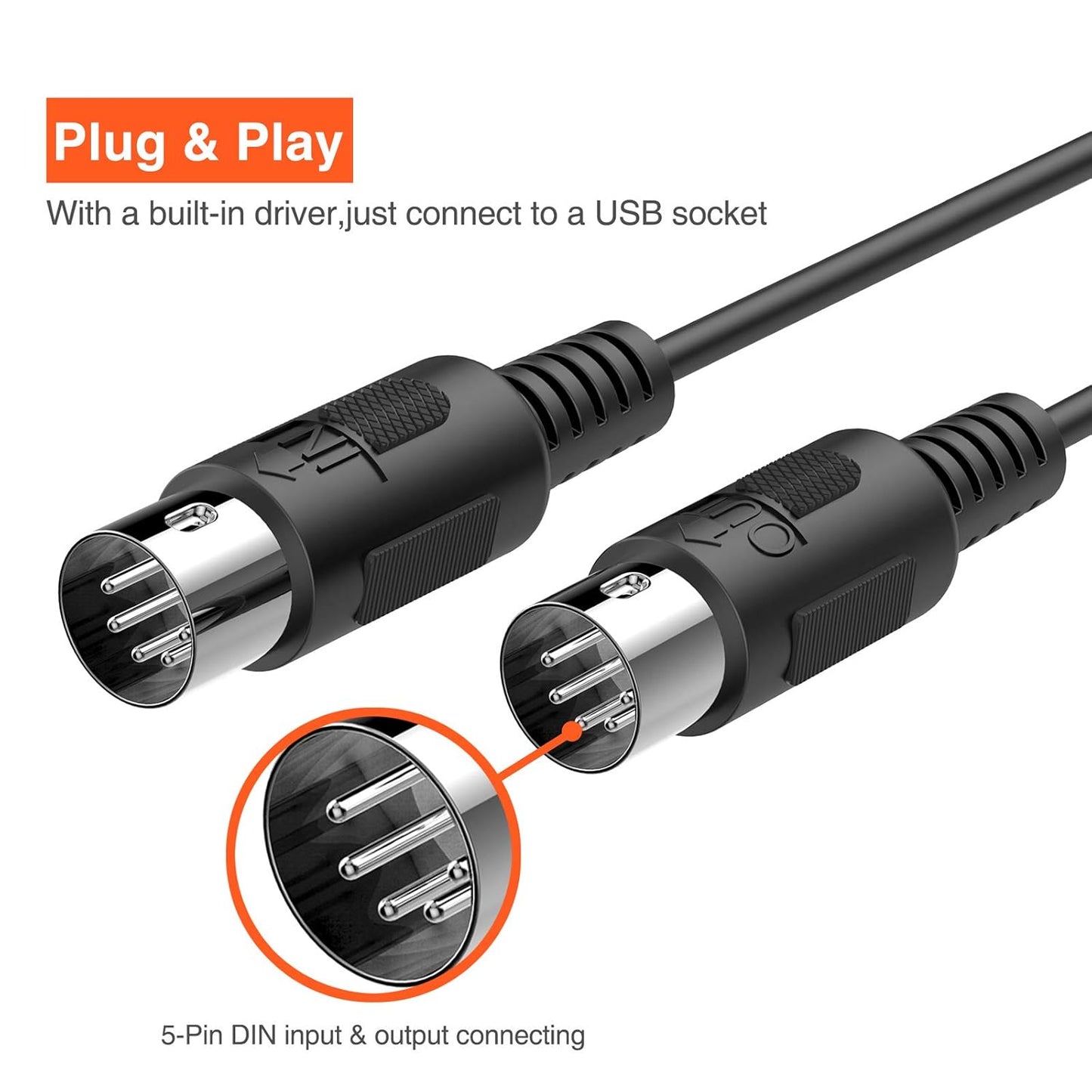 Cablu adaptor USB la MIDI IN-OUT, cu indicator LED, compatibil cu tastatura muzicala, orga, chitara, tobe, mixere, pentru PC / laptop/MAC, 2m
