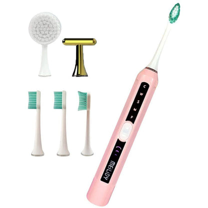Set periuta electrica de dinti sonica multifunctionala 3 in 1, functie de masare a fetei, 5 moduri de curatare, cu 3 capete de periuta si 2 capete de masare si curatare ten