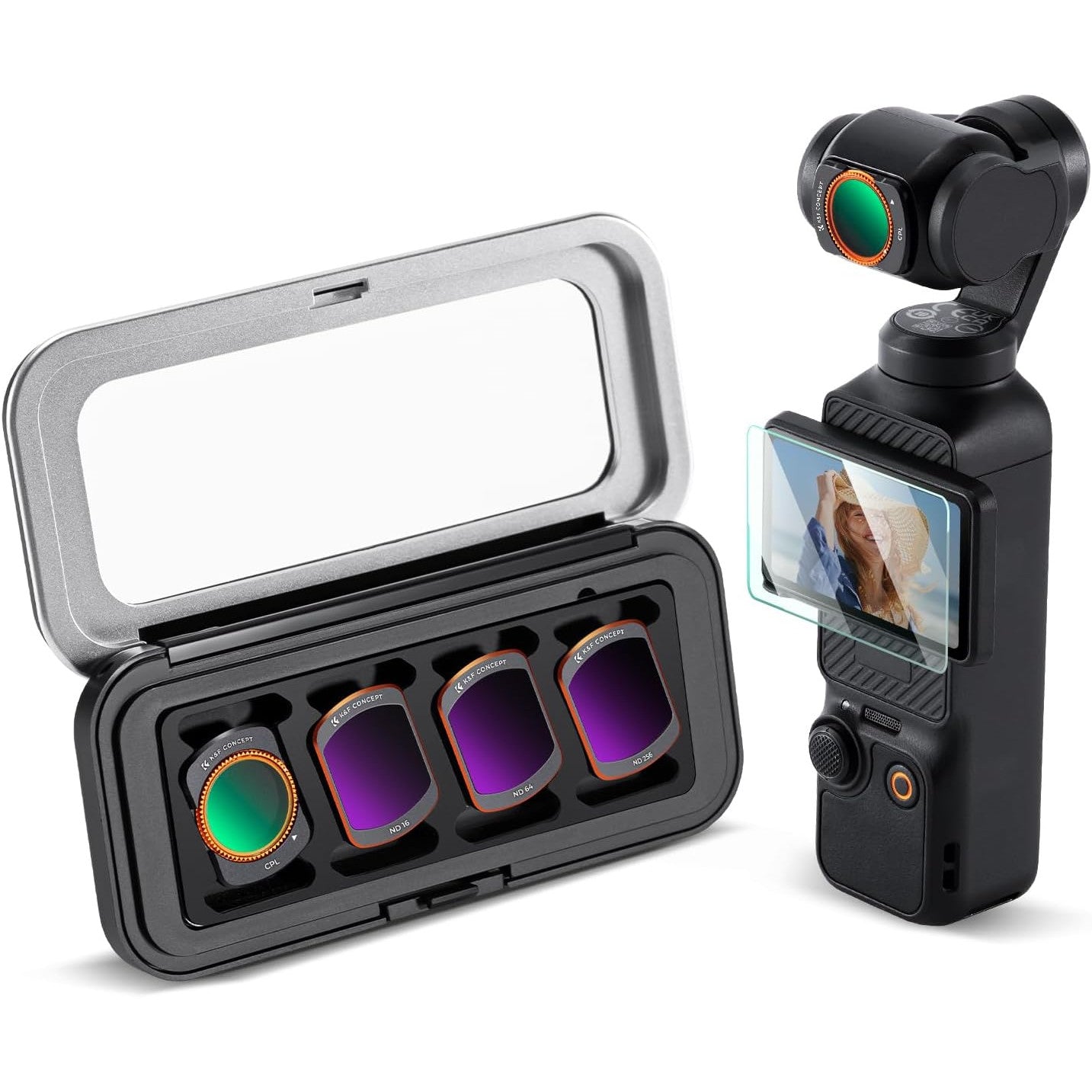 Set filtre magnetice K&F CONCEPT FD161 pentru DJI Osmo Pocket 3/4, 4 buc CPL, ND16, ND64, ND512, sticla optica, cadru aluminiu, montare magnetica rapida, reduc reflexii, control lumina, accesorii profesionale foto-video gimbal DJI