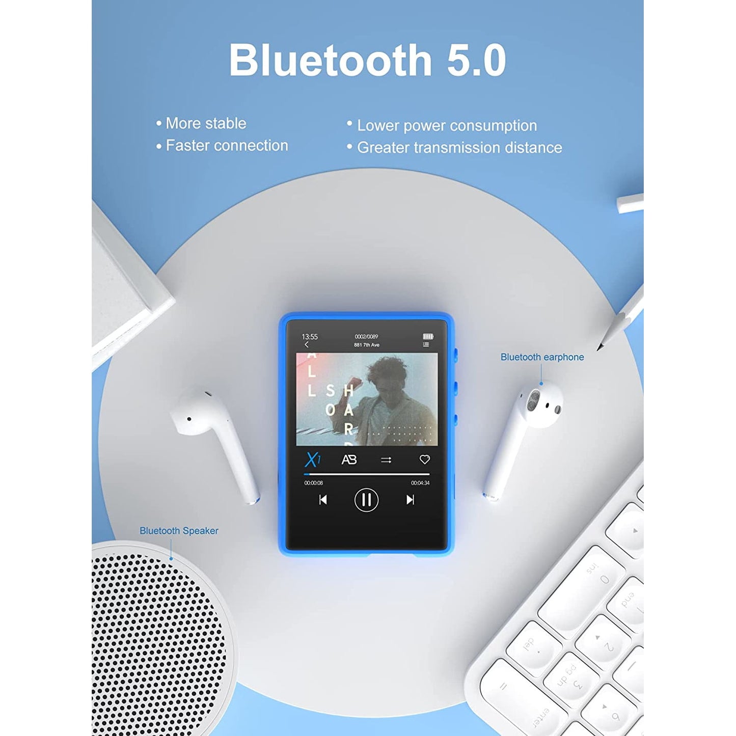 MP3 Player 32 Gb cu Bluetooth 5.0, touchscreen 2,4 inch, sunet HiFI, difuzor, Radio FM, portabil, accepta card pana la 128 Gb, albastru