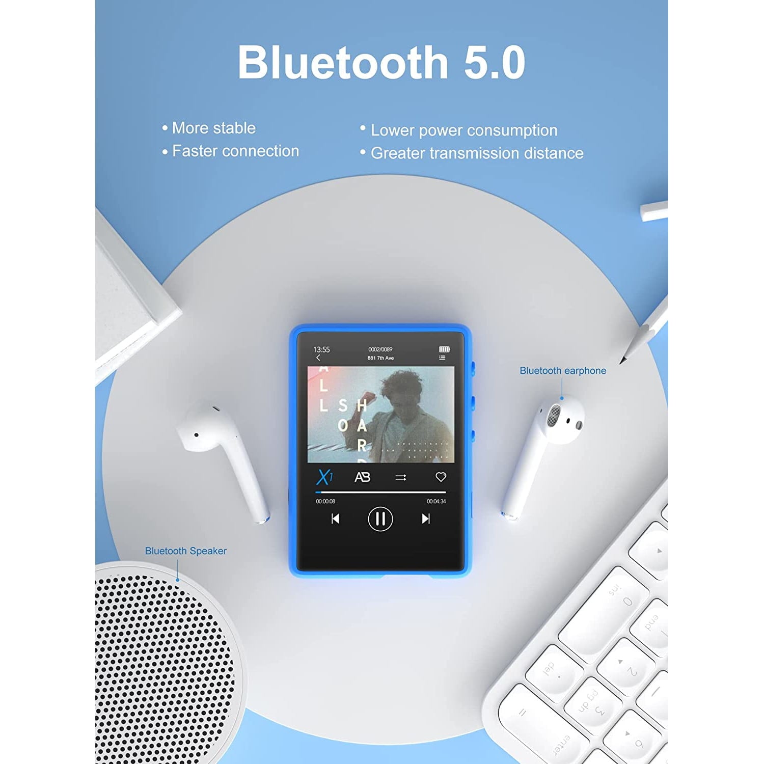 MP3 Player 32 Gb cu Bluetooth 5.0, touchscreen 2,4 inch, sunet HiFI, difuzor, Radio FM, portabil, accepta card pana la 128 Gb, albastru