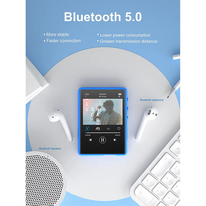 MP3 Player 32 Gb cu Bluetooth 5.0, touchscreen 2,4 inch, sunet HiFI, difuzor, Radio FM, portabil, accepta card pana la 128 Gb, albastru