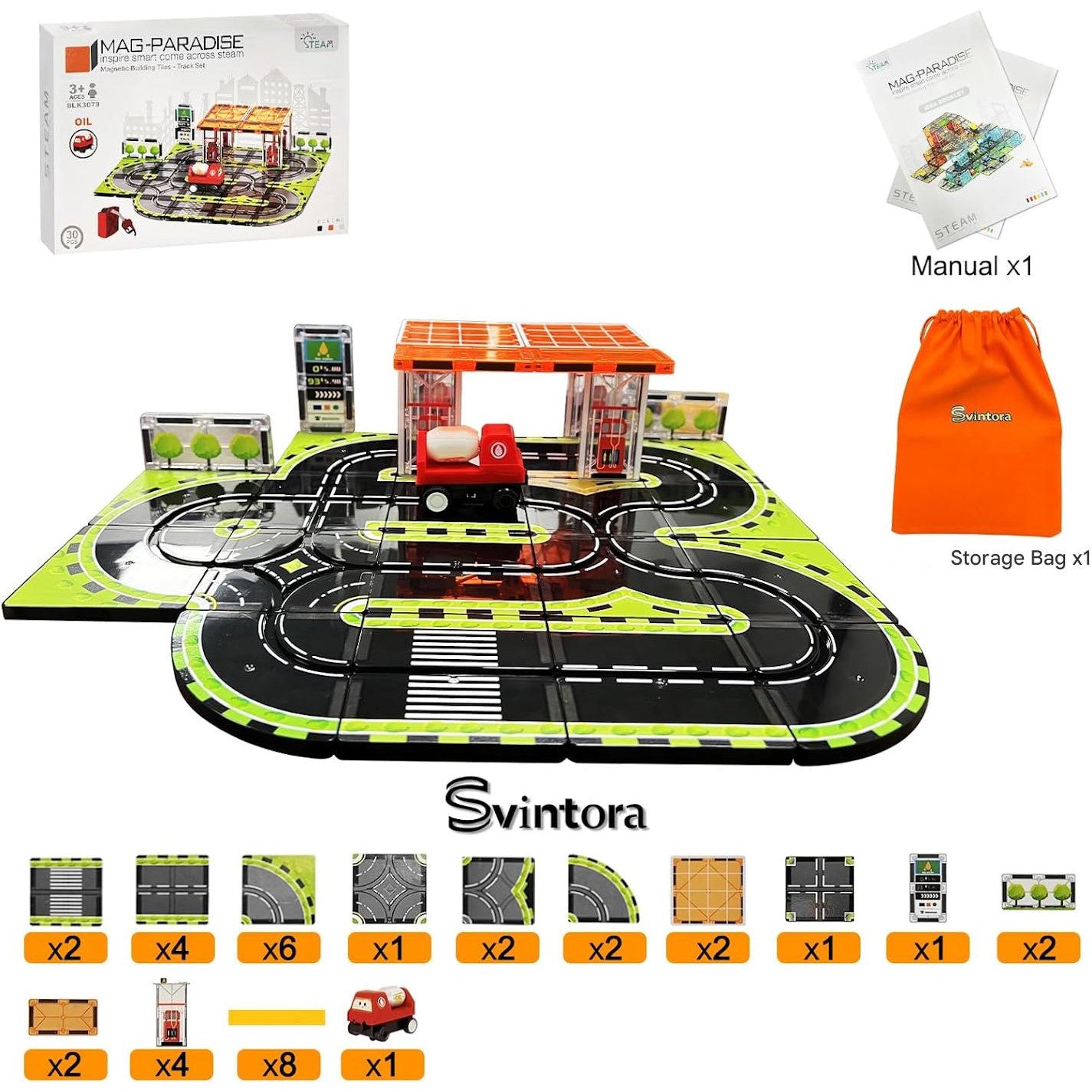 Set blocuri magnetice constructie 30 piese cu camion cisterna, jucarie educativa STEM Montessori pentru copii 3-12 ani, piese magnetice compatibile, geanta depozitare inclusa