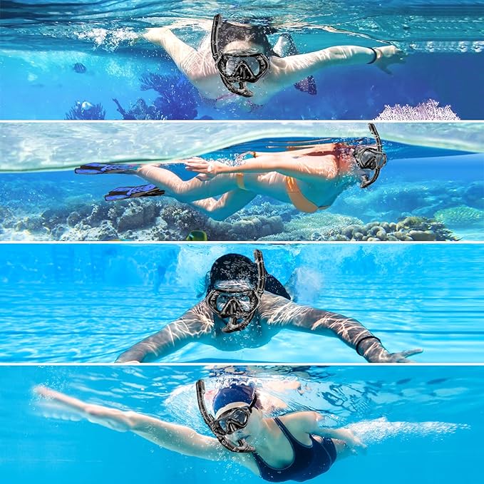 Set masca de snorkeling profesionala anti-ceata cu snorkel, cureaua reglabila, inchidere cu bila, sticla securizata, din silicon alimentar de inalta calitate, pentru barbati si femei, masca de scafandru pentru scufundari, negru/verde