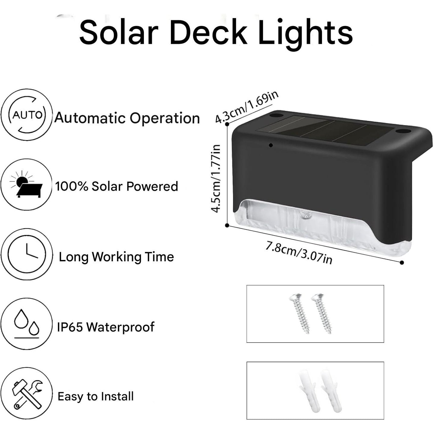 Set 12 lampi solare LED pentru trepte si terasa, impermeabile IP65, lumina alb cald – Iluminat exterior cu incarcare solara automata, pentru scari, gard, curte, gradina, alee sau piscina, negru