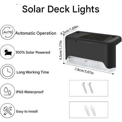 Set 12 lampi solare LED pentru trepte si terasa, impermeabile IP65, lumina alb cald – Iluminat exterior cu incarcare solara automata, pentru scari, gard, curte, gradina, alee sau piscina, negru