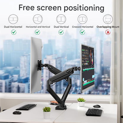 Suport dublu monitor Acer 17–32 inch, brat dublu ergonomic cu arc pe gaz, aluminiu, 2–9 kg/ecran, reglare inaltime 46 cm, extensie 54 cm, inclinare -60°/+90°, rotire 360°, VESA 75/100, montaj birou, gestionare cabluri