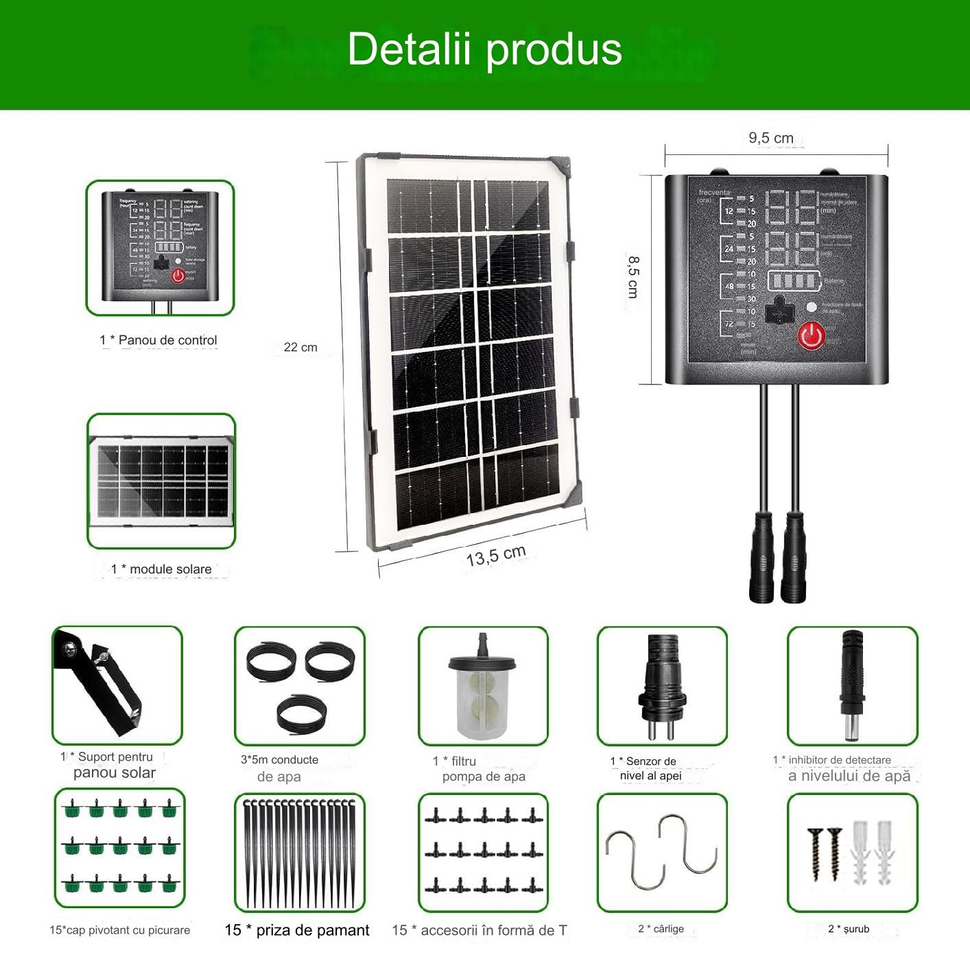 Kit sistem irigare prin picurare cu panou solar, cu 15 picuratoare reglabile, 12 moduri de temporizare, alimentare duala cu USB-C si panou solar, indicator nivel baterie, alerta lipsa apa, Helesin