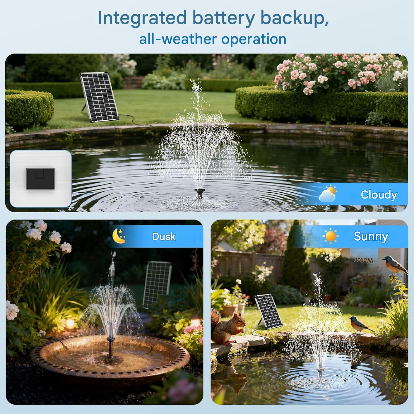 Fantana solara 12W cu baterie 5000 mAh, 10 duze si 10 stiluri de fantana, debit 300l/h, inaltime 0.3–0.8 m, panou solar cu cablu de 3 m, functie anti-uscare, functionare silentioasa ≤50 dB, pentru iaz, gradina, baie pasari si decor exterior