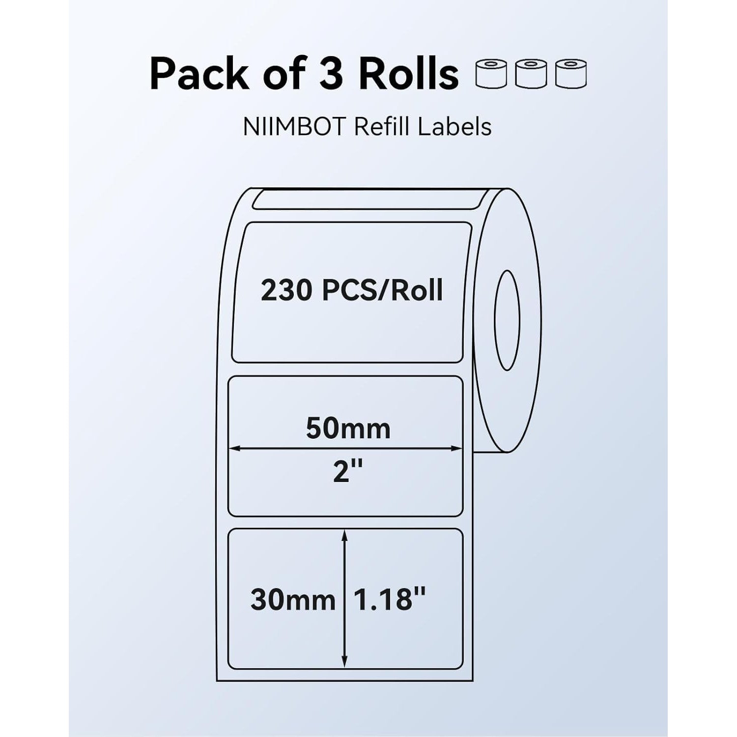 Set 3 role etichete termice 50x30 mm compatibile cu imprimantele NIIMBOT B1/B21/B3S, 230 etichete/rola, autoadezive, imprimare direct termica, rezistente la apa si ulei, fara BPA, alb