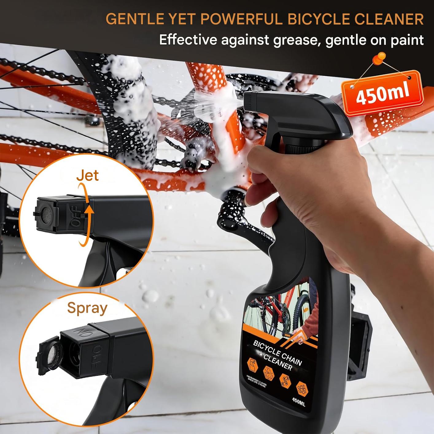 Kit curatare lant bicicleta, cu degresant 450 ml si ulei pentru lant 120 ml, perii curatare transmisie, laveta microfibra, set intretinere pentru MTB, cursiera si eBike