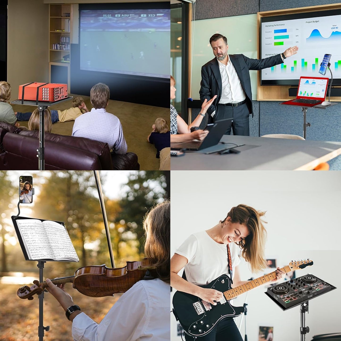 Suport mobil pentru videoproiector/laptop, stand cu inaltime reglabila 66-160 cm, suport smartphone, capacitate 10 kg, din metal, tava rotativa 360°, pentru proiector, tableta, mixer, laptop, partitura, negru