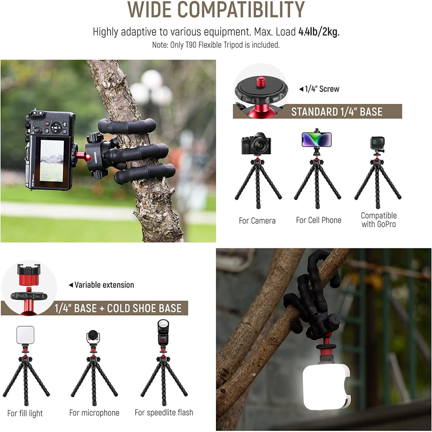 Trepied flexibil cu 2 brate detasabile cu montura cold shoe, cu telecomanda, montura cap rotativ tip bila, sarcina maxima 2 kg, pentru smartphone, video streaming, vlog, inregistrare
