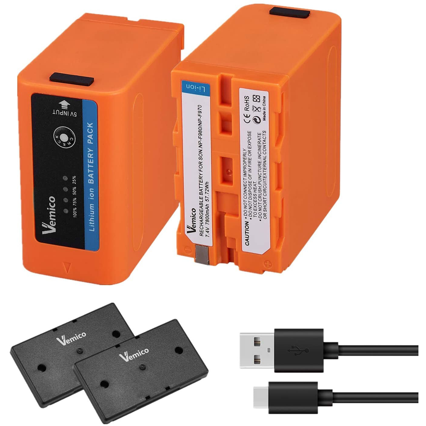 Set 2 acumulatori NP-F980, 7800 mAh, powerbank cu indicator LED, Micro USB, compatibil cu Sony NP F960/F980/F750/F550/F570/F530/F770/F930/F950