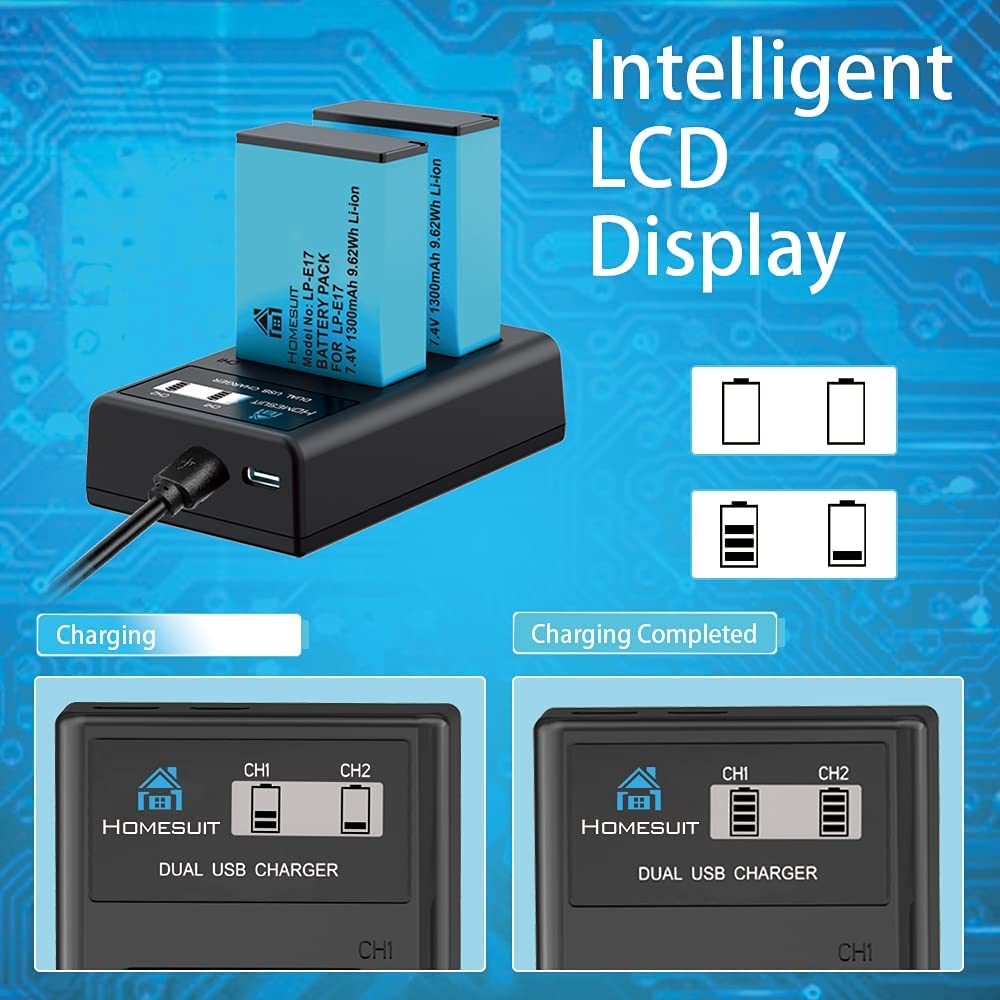 Set de 2 acumulatori 1300mAh LP-E17 si incarcator dublu cu display LCD, pentru Canon Rebel SL3, SL2, T8i, T7i, T6i, T6s, EOS M3, M5, M6, EOS 200D, 77D, 750D, 760D, 800D, 800D