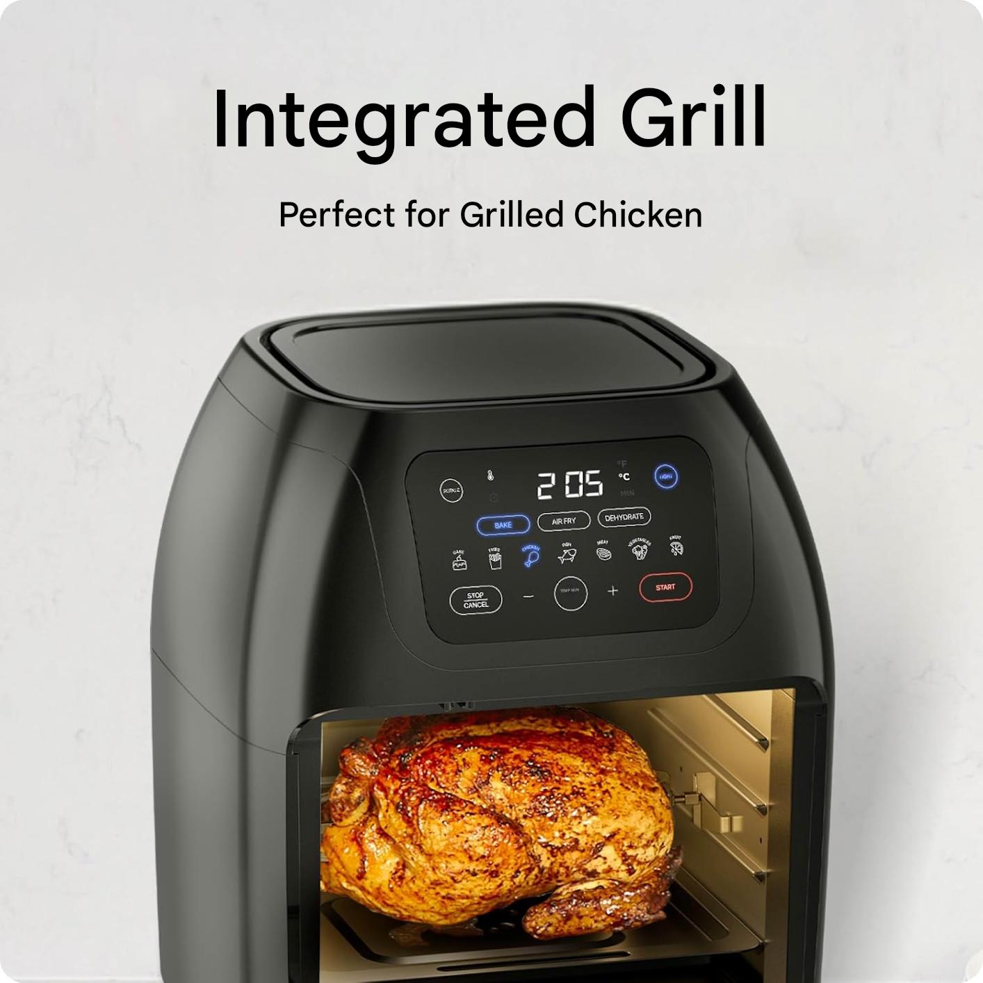Friteuza Chefman cu aer cald, 10L, 1800 W, 17 optiuni presetate, cu ecran digital, rotisor inclus, deshidrator, convectie rapida, oprire automata, fereastra mare de vizualizare, accesorii din otel inoxidabil, gatit sanatos