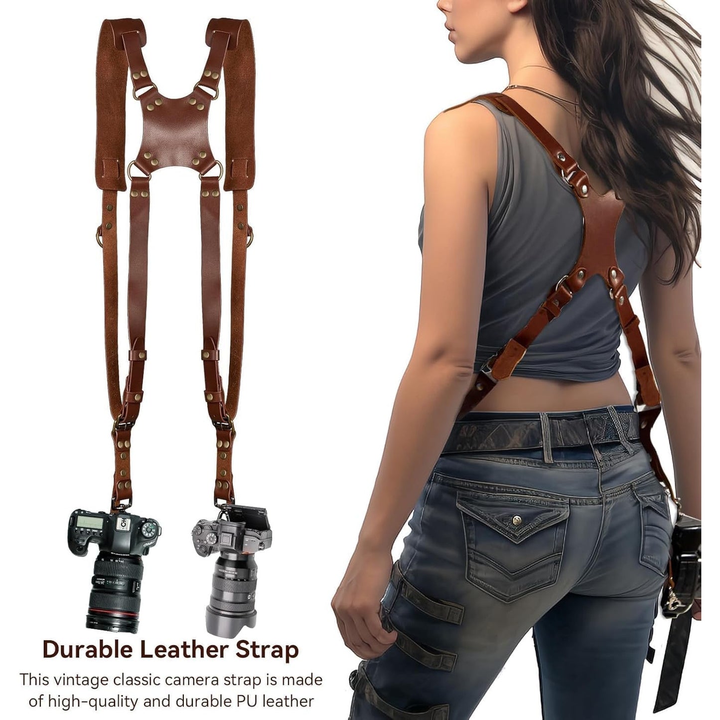 Curea de transport cu design in X pentru doua camere, HERCHR, curea de umar din piele vintage, multi-viteze, universala pentru DSLR/SLR, ajustabila, pentru femei si barbati, maro