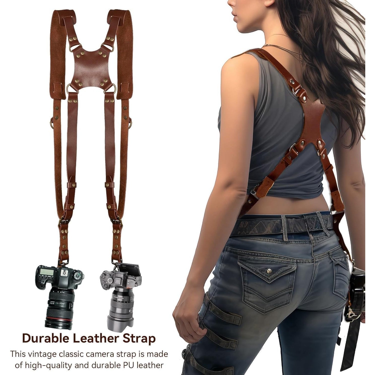 Curea de transport cu design in X pentru doua camere, HERCHR, curea de umar din piele vintage, multi-viteze, universala pentru DSLR/SLR, ajustabila, pentru femei si barbati, maro
