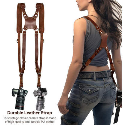 Curea de transport cu design in X pentru doua camere, HERCHR, curea de umar din piele vintage, multi-viteze, universala pentru DSLR/SLR, ajustabila, pentru femei si barbati, maro