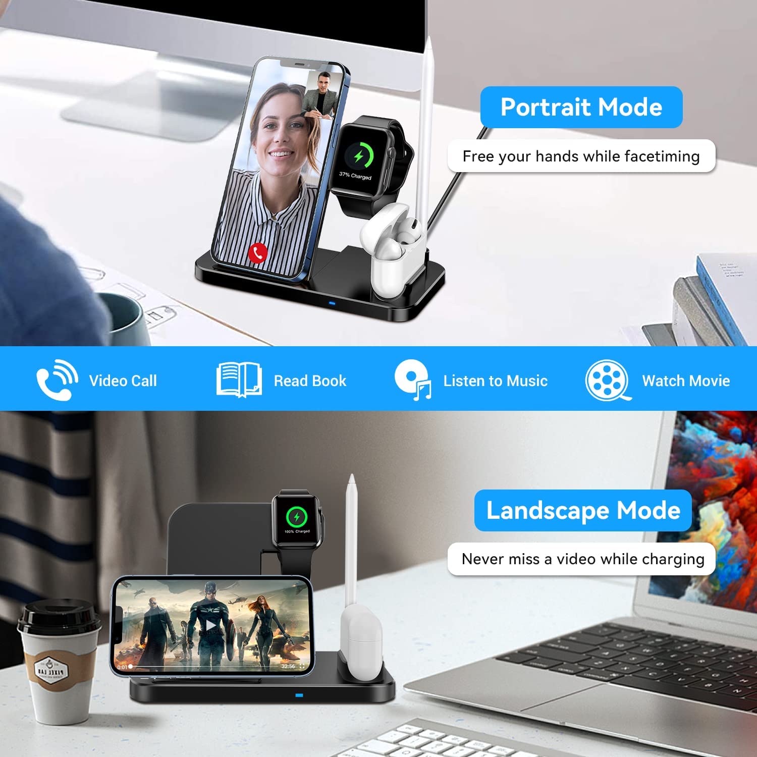 Incarcator wireless 4 in 1, statie de incarcare 15W Qi Fast Charge universal, compatibil Apple Watch si iPhone 12/12 Pro/SE/11/11pro/X/XS/XR/Xs Max, Samsung Galaxy S10 Plus, S10, S10E, S9 Plus