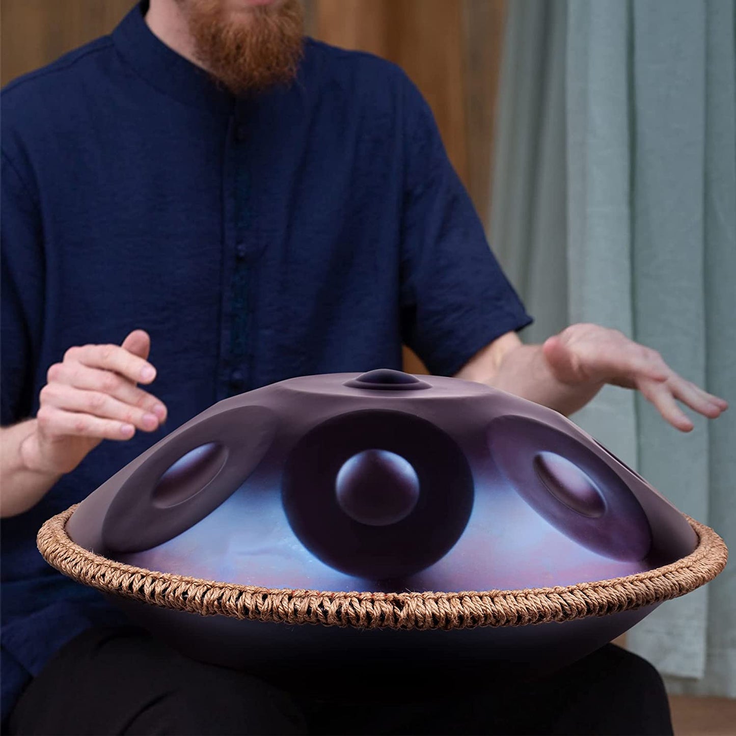 Instrument muzical Handpan cu 12 note in re major, hand drum 22 inch cu husa de depozitare si transport, albastru