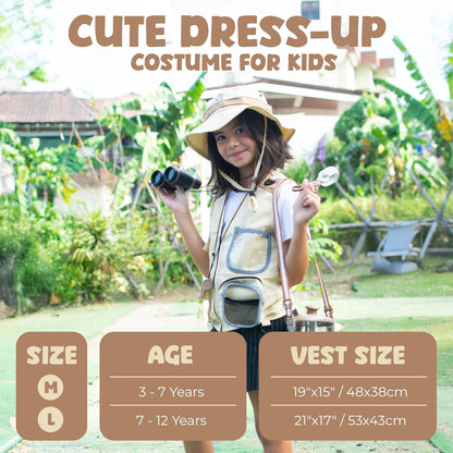 Set explorator safari pentru copii 4+ ani, kit cercetator si aventura in natura cu vesta safari, palarie, binoclu, lupa cu cupa, plasa pentru fluturi, cutie insecte, lanterna, fluier, penseta si rucsac, jucarie educativa de exterior, marime mare