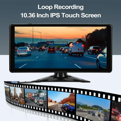Multimedia player auto cu 4 camere marsarier impermeabile IP67 si nightvision, cu monitor touchscreen de 10, 36 inch, functie split screen, Bluetooth, Transmitator FM, pentru masina, camion, rulota, autocar