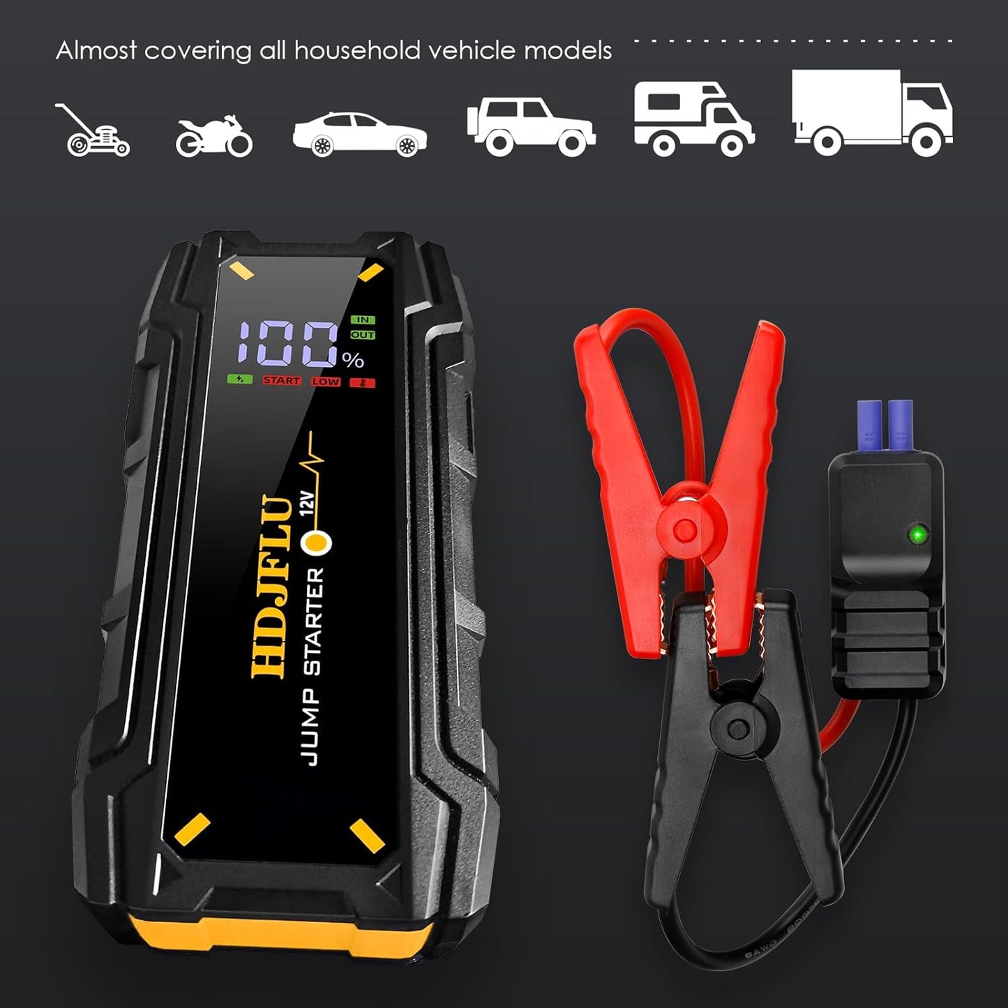 Starter auto portabil, jump starter 3000 A, robot de pornire cu functie powerbank de 24000 mAh, lanterna LED, ecran LCD, port USB-C, pana la 7 litri benzina si 5.5 litri diesel 12V, multifunctional
