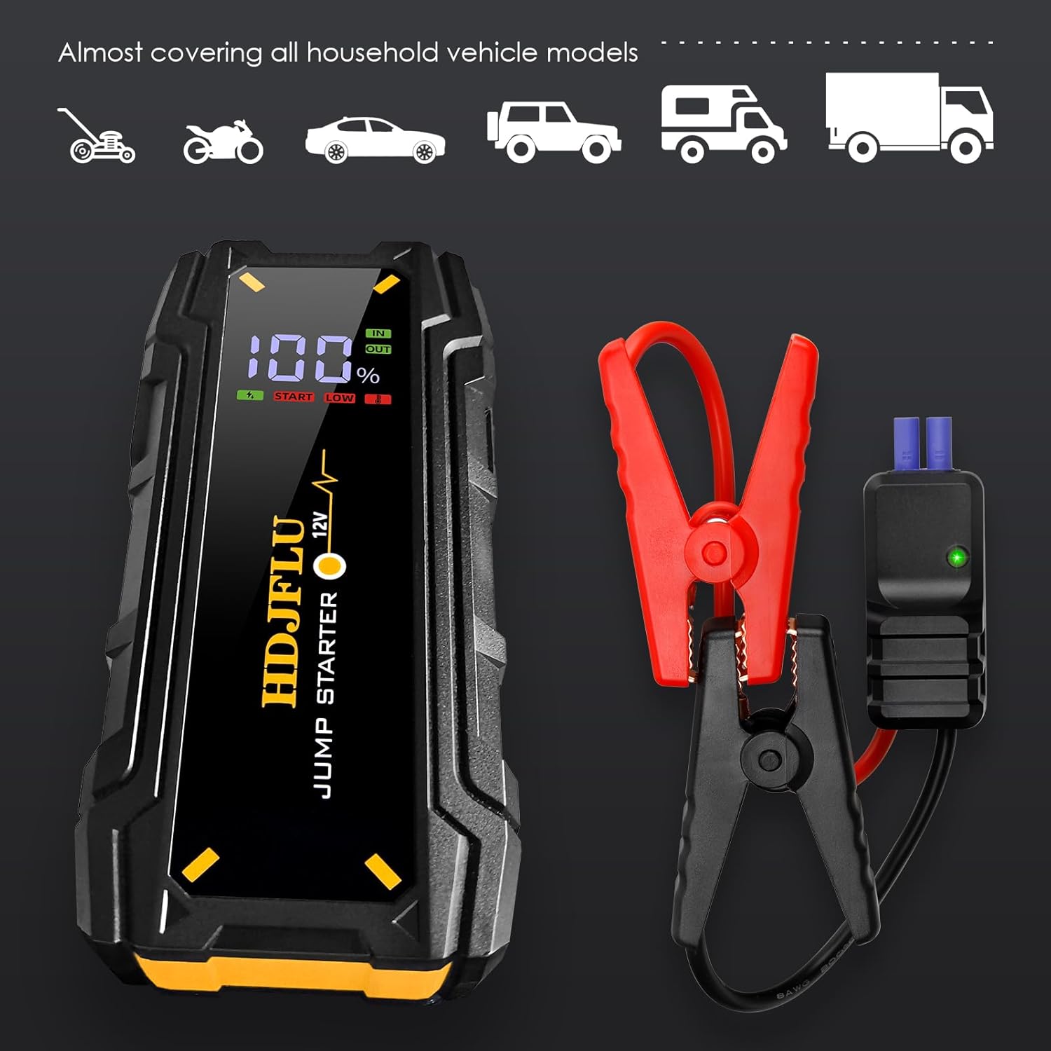 Starter auto portabil, jump starter 3000 A, robot de pornire cu functie powerbank de 24000 mAh, lanterna LED, ecran LCD, port USB-C, pana la 7 litri benzina si 5.5 litri diesel 12V, multifunctional