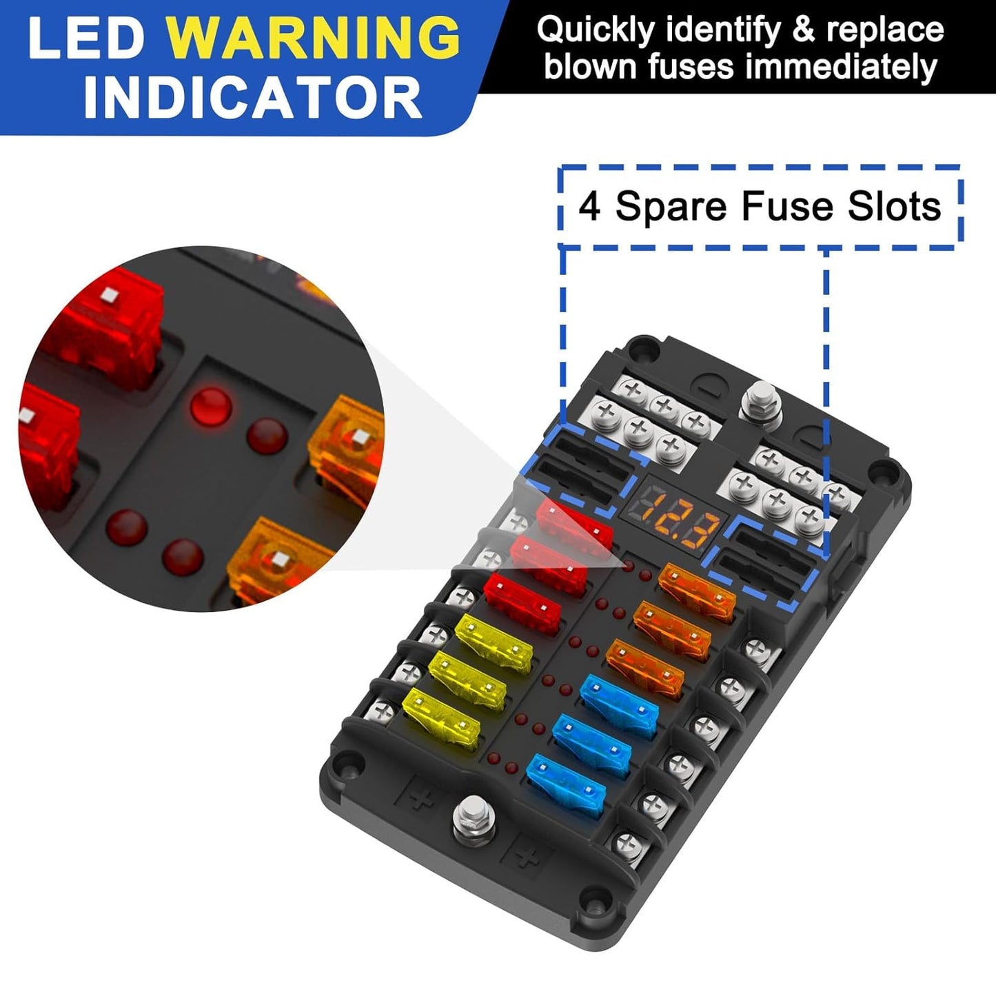 Set tablou sigurante auto cu 12 iesiri, 12–32 V, cu afisaj LED si capac de protectie, sigurante lama ATC/ATO incluse, pentru masina, motocicleta, barca, rulota, autorulota
