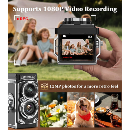 Camera digitala mini stil retro, 1080p FHD, 12 MP, cu manivela pentru focus, acumulator 1000 mAh, card memorie de 16 GB, filtru alb/negru, 8, 8 x 4.2 x 4 cm