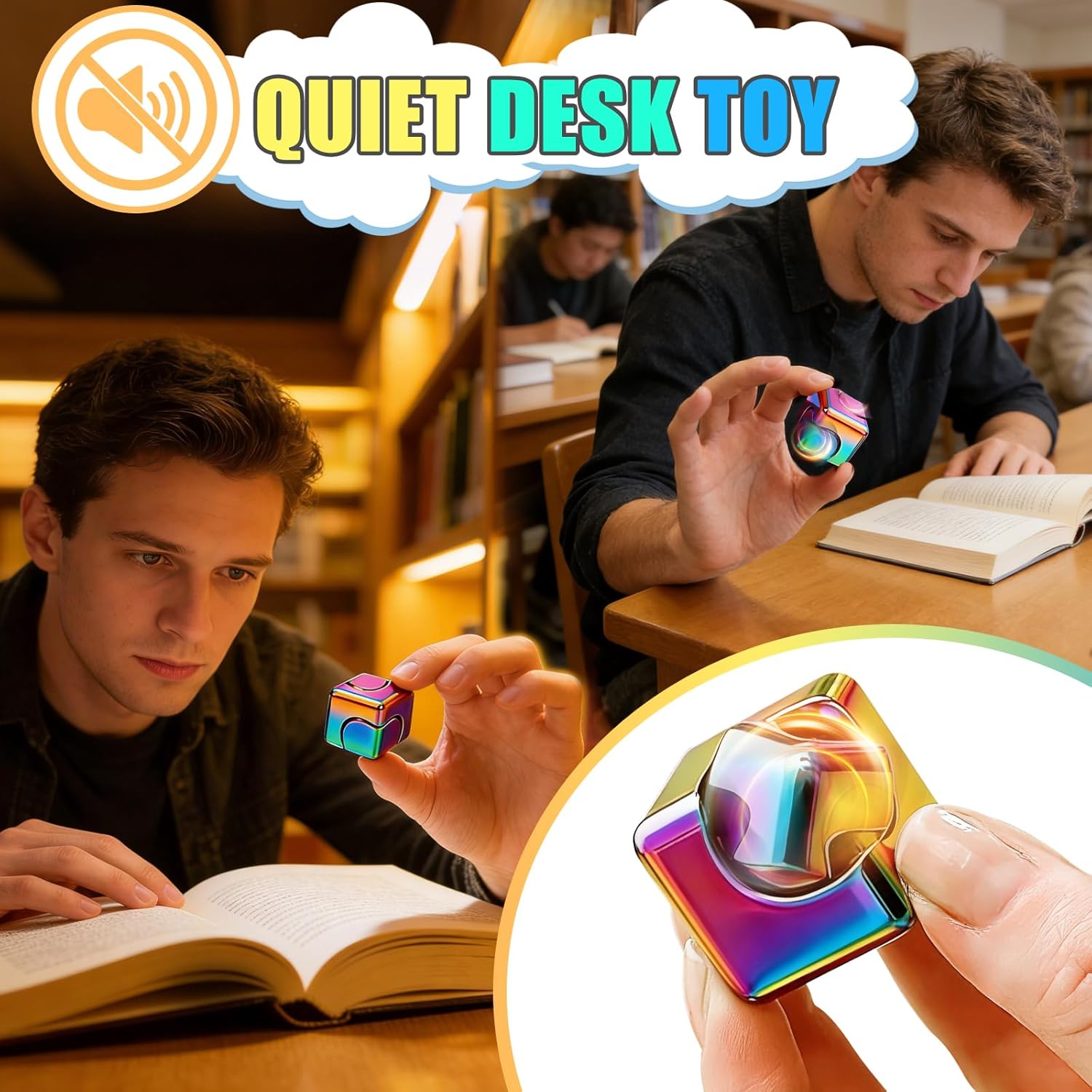 Fidget Spinner cub metalic 2 in 1, jucarie anti-stres pentru copii si adulti, spinner rotativ silentios pentru concentrare si relaxare, 3x3 cm, multicolor
