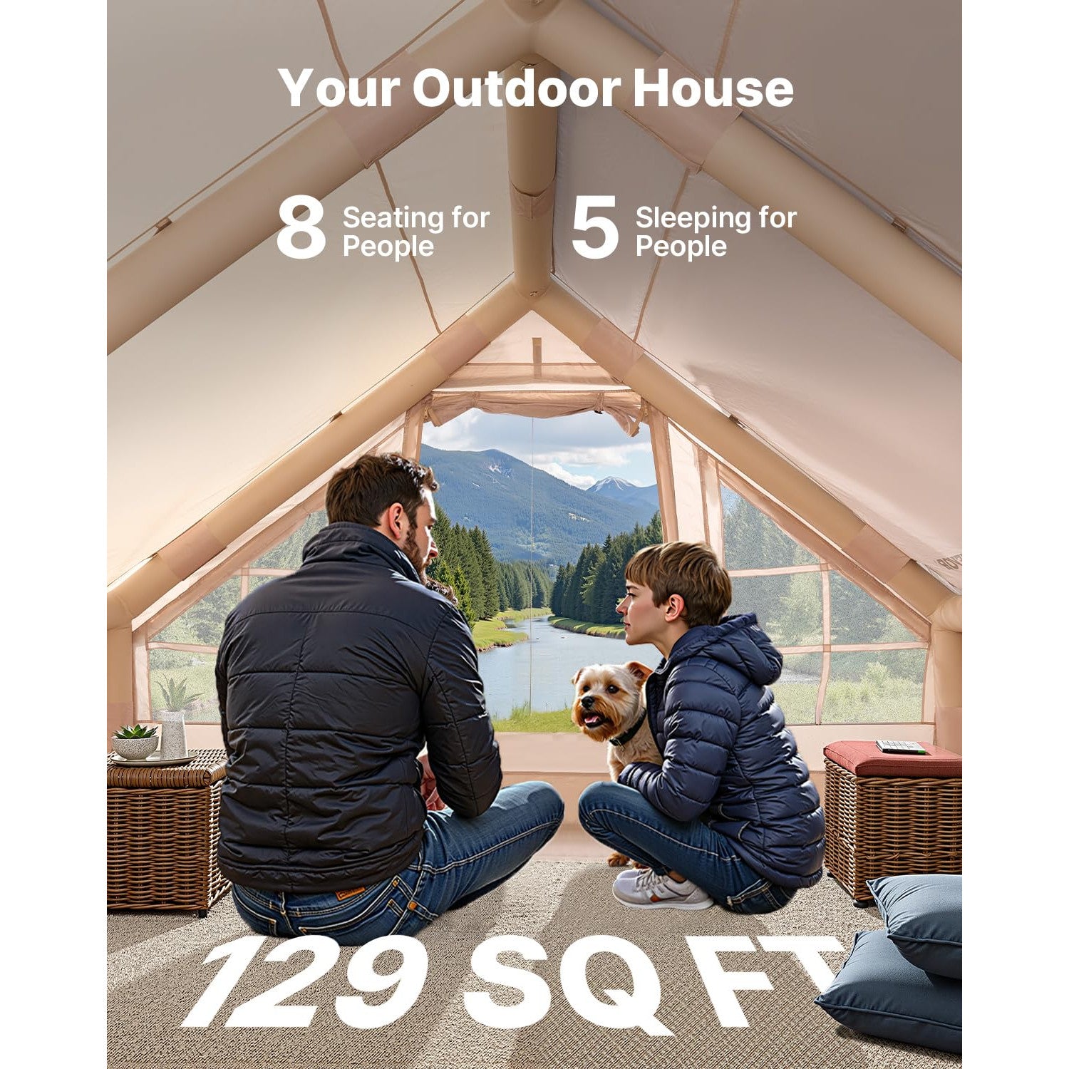 Cort gonflabil pentru camping VEVOR 4x3x2m, capacitate 5-8 persoane, material Oxford 300D impermeabil PU3000, montaj rapid cu pompa inclusa, 2 usi si 4 ferestre cu plasa, cu geanta transport