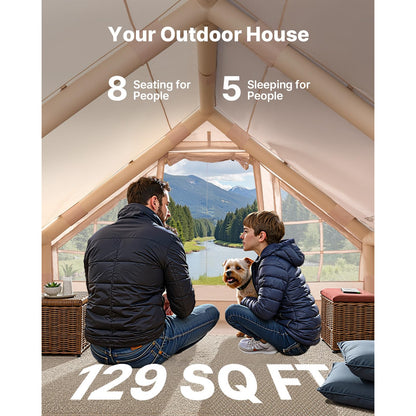 Cort gonflabil pentru camping VEVOR 4x3x2m, capacitate 5-8 persoane, material Oxford 300D impermeabil PU3000, montaj rapid cu pompa inclusa, 2 usi si 4 ferestre cu plasa, cu geanta transport