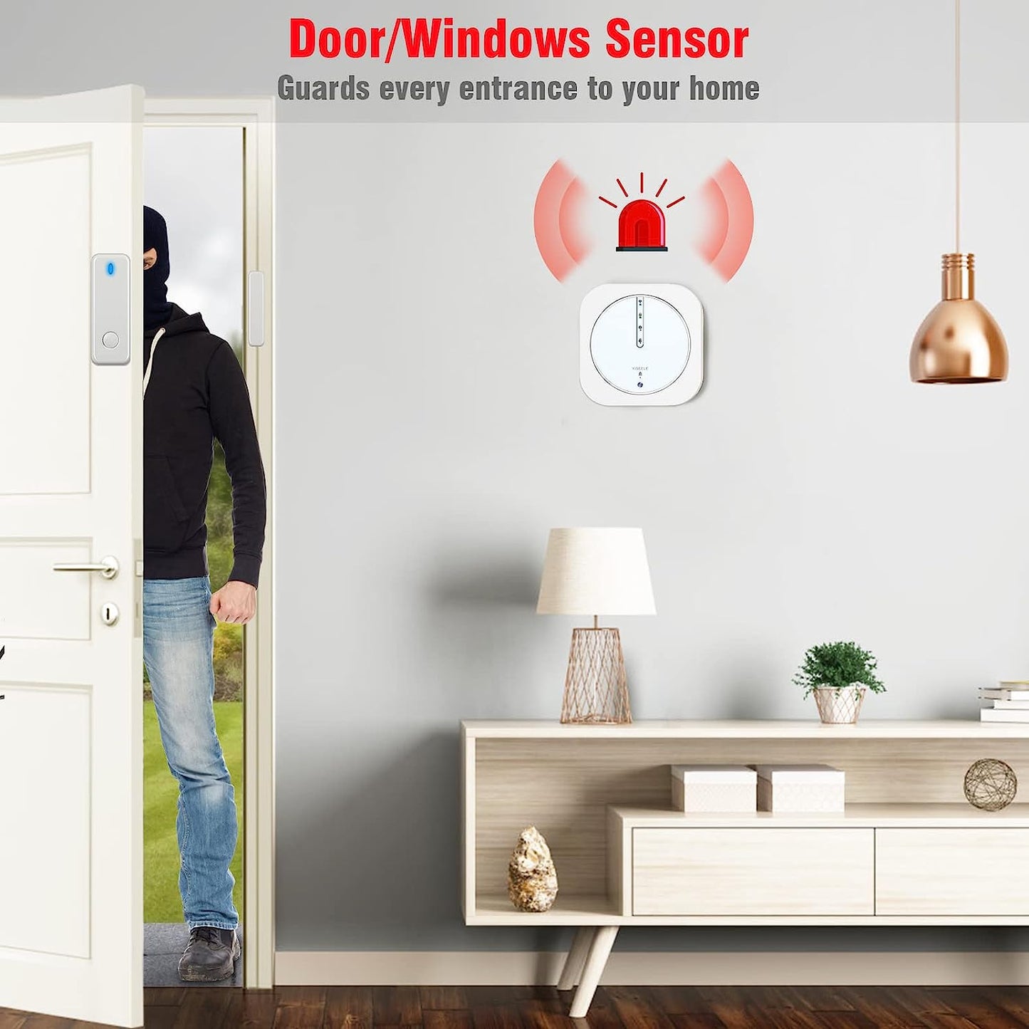 Sistem de alarma WiFi smart, pentru usi si ferestre, cu 5 senzori magnetici, 2 telecomenzi, control prin aplicatie, compatibil Alexa si Google Home, pentru casa, garaj, birou