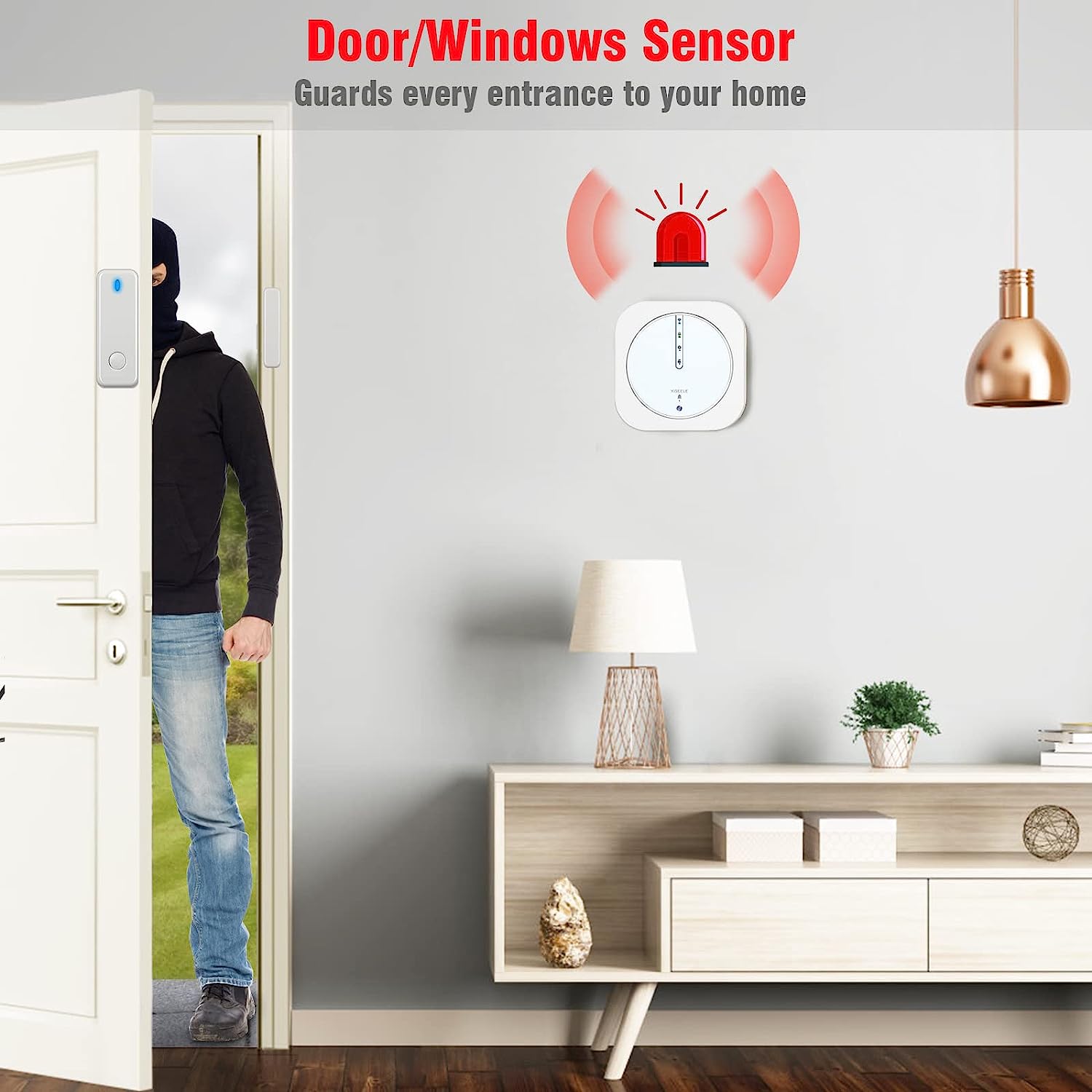 Sistem de alarma WiFi smart, pentru usi si ferestre, cu 5 senzori magnetici, 2 telecomenzi, control prin aplicatie, compatibil Alexa si Google Home, pentru casa, garaj, birou